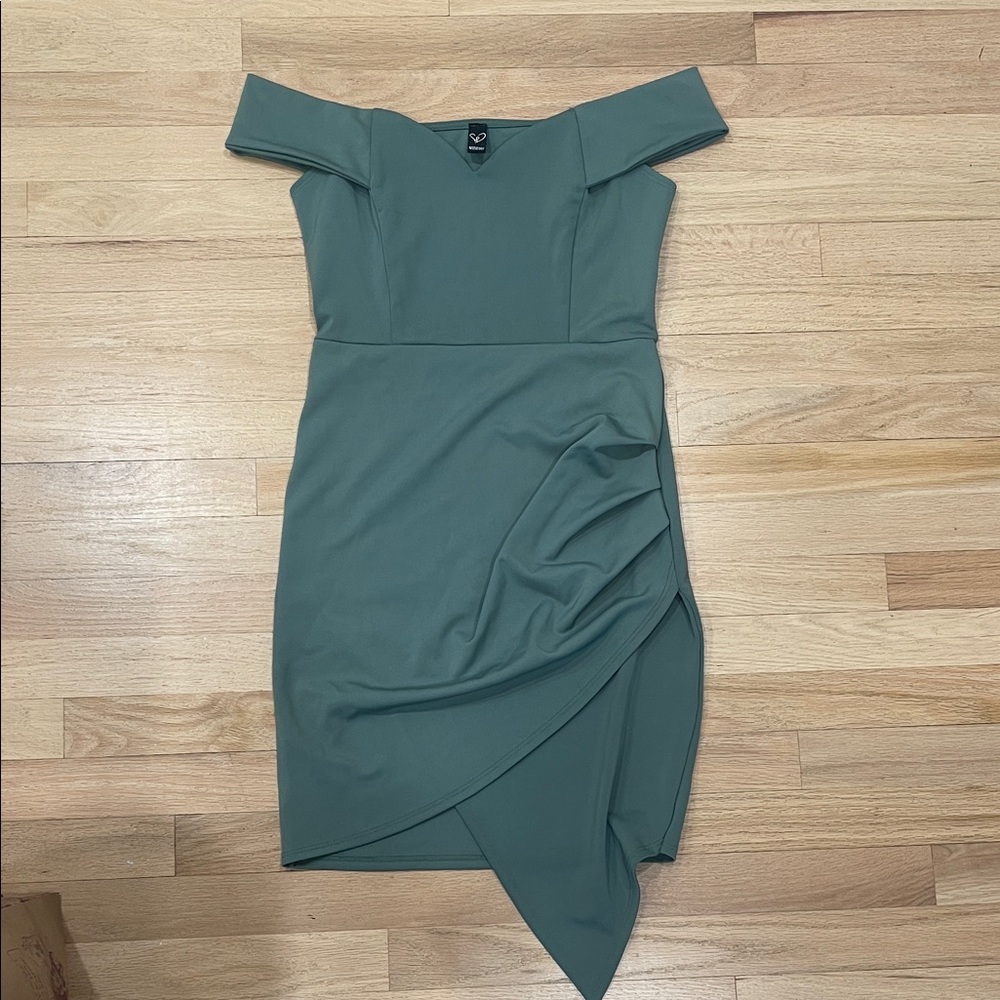 Windsor Asymmetrical Off-Shoulder Dress in Green